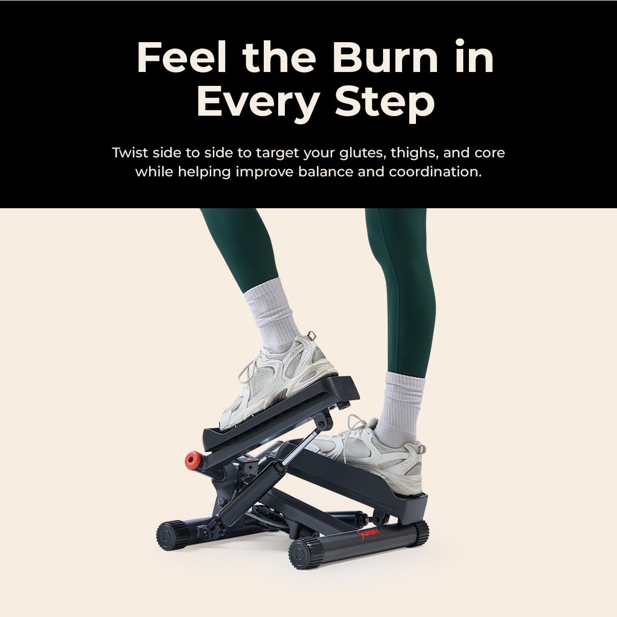 Sunny Health & Fitness Smart Twist Stepper with Resistance Bands, Bluetooth App Connectivity, Adjustable Step Height, 300 LB Capacity, Compact Mini Stair Step Machine
