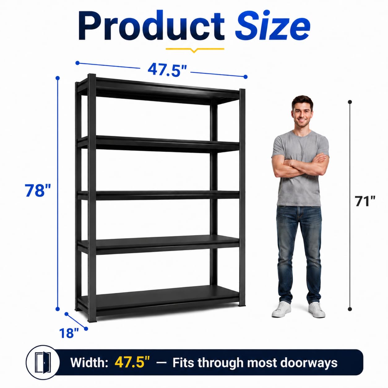 SAWJEC 78" H Garage Storage Shelves, 5 Tier Heavy Duty Metal Shelving Unit, 3000 lbs Capacity, Adjustable Storage Shelves Heavy Duty for Garage Warehouse Basement, 18" D x 47.5" W x 78" H