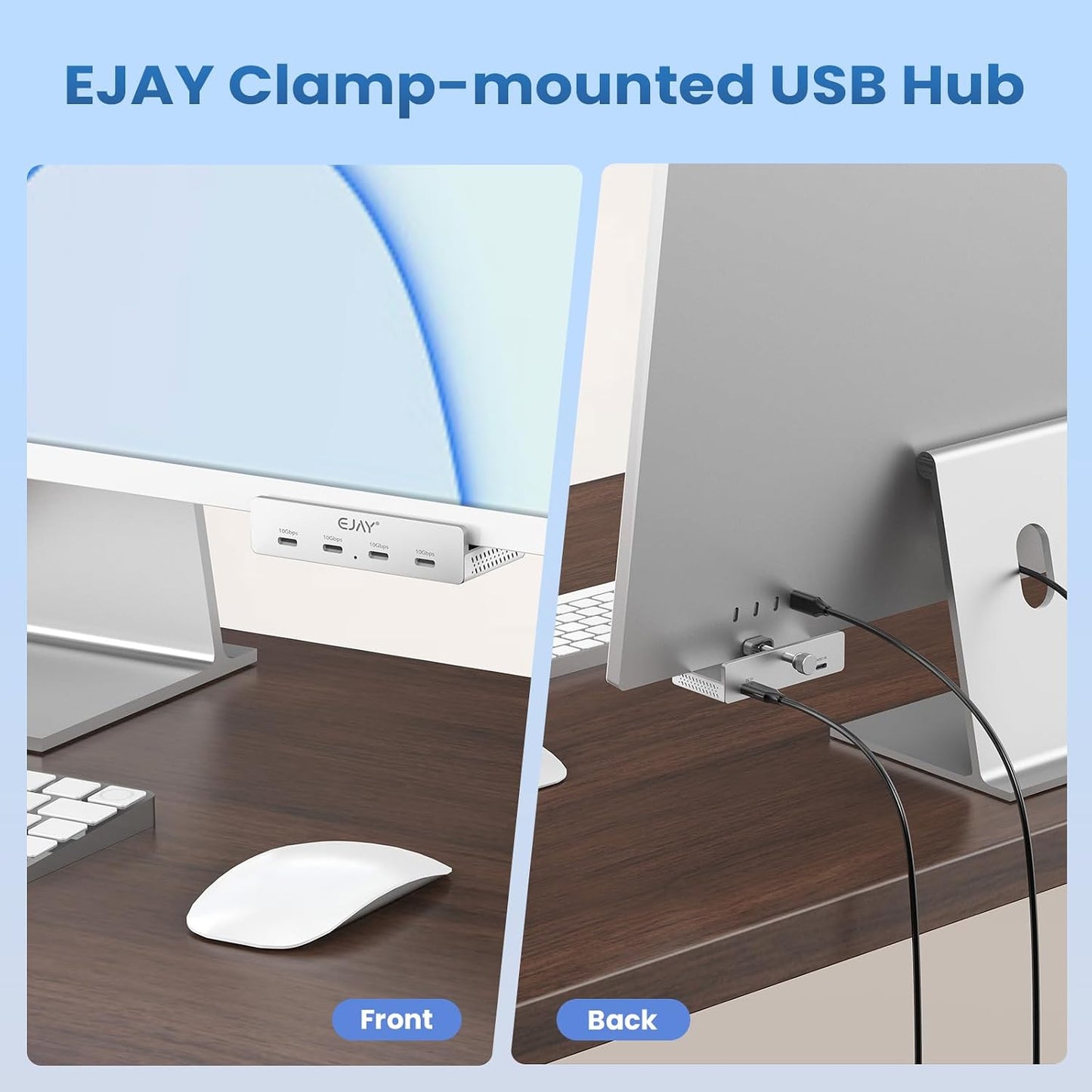 EJAY 4-Port 10Gbps 3.2 2, USB C Hub Clamp Mount, USB Hub Gen Aluminum Clamp On USB Hub for Monitor & Desk, Dual Cable