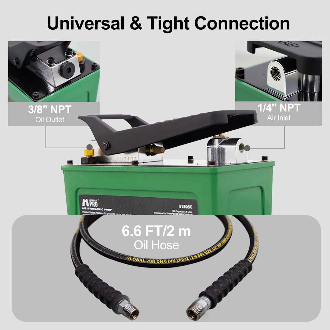 10,000 PSI Air Hydraulic Pump, NPT 3/8" Oil Outlet, NPT 1/4" Inlet, Foot Pedal Hydraulic Pumps with 6.6 ft Hose for for Auto Body Frame Machines, Hydraulic Tools, and Hole Punch