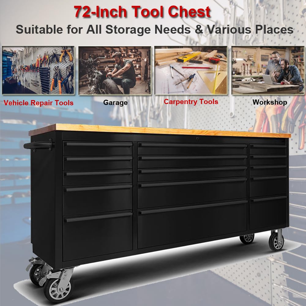 UYRIE 72-inch Rolling Tool Chest with 15 Drawers, Mobile Workbench, Assembled Large Tool Box Lockable Storage Cabinet with Wheels for Garage Workshop (72'' w/15 Drawers - Black)