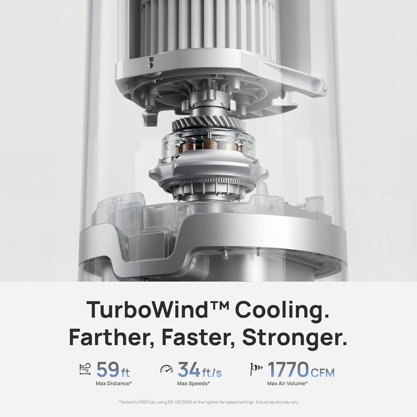 DREO TurboCool Misting Fan 765S, Tower Fans that Blow Cold Air, 10°F Cooling, 34ft/s Fast Standing Fan, 6L Tank, 20 dB Quiet DC Motor, 90° Smart Oscillating Fan with 12 Speeds, 4 Modes for Home, Grey