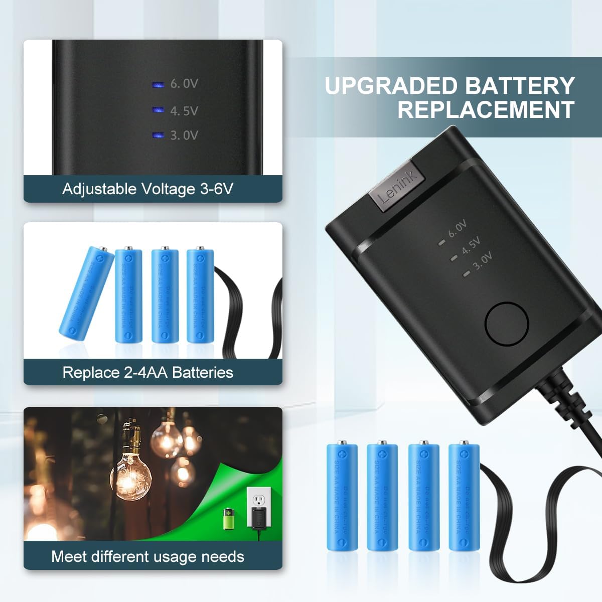 Lenink 2 3 4 3V, 4.5V, 6V, Adjustable AC Power Supply Adapter for AA AA AA Batteries, AA Battery Replacement Adapter