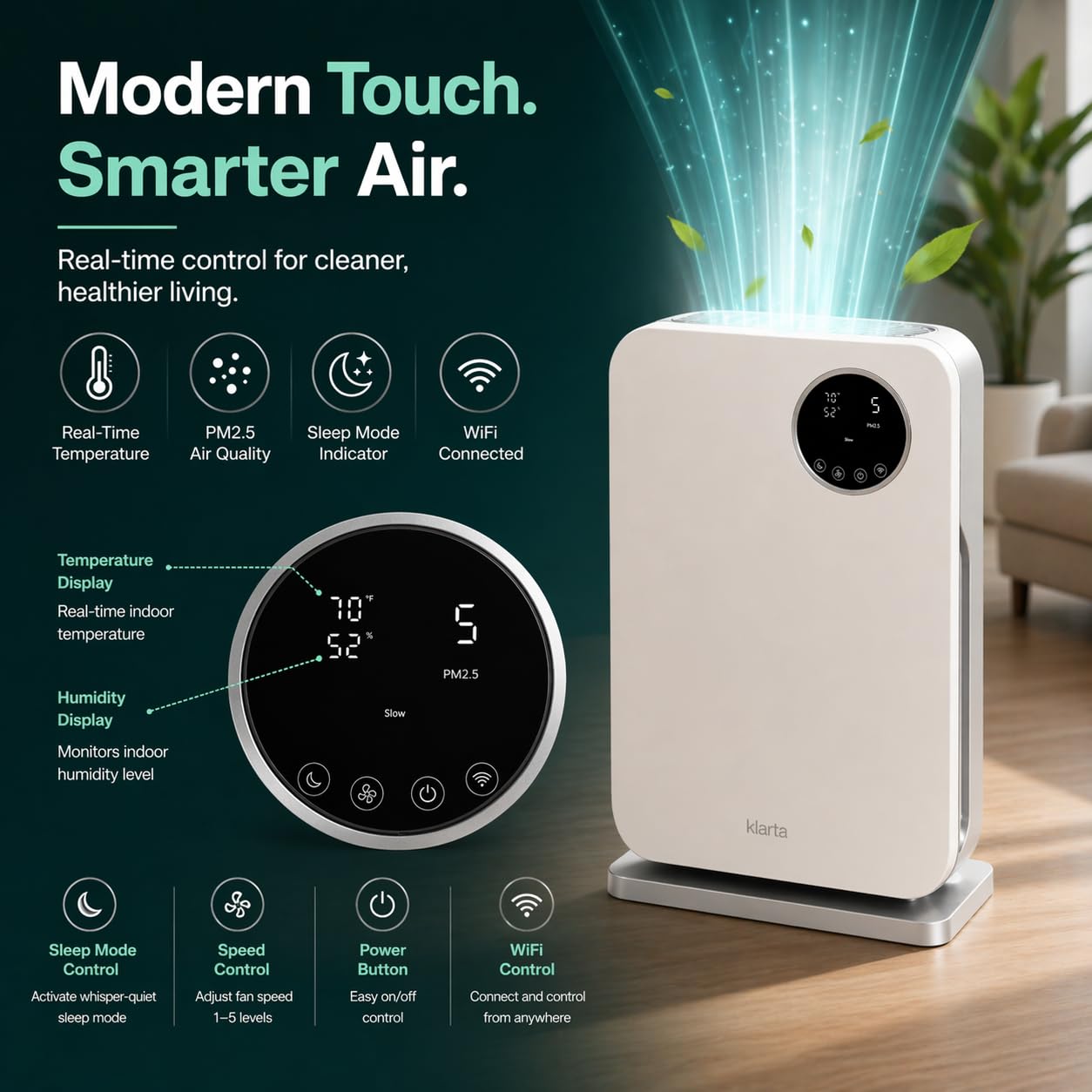 Klarta Air Purifier for Home - HEPA Smart WiFi App - Ultra Quiet 20 dB - Removes Allergens, Smoke & Odors - 99.97% Particle Filtration - Up to 1237 ft² - Klarta Forste Wood Black