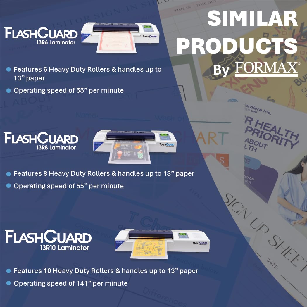 Formax FlashGuard 18R6 Laminator; 1500W; 110-120V, 50/60Hz; 15A; 18" Infeed; Heavy-Duty 6 Roller System; All-Metal Construction; Graphics-Based LCD Screen; Variable Temperature and Speed