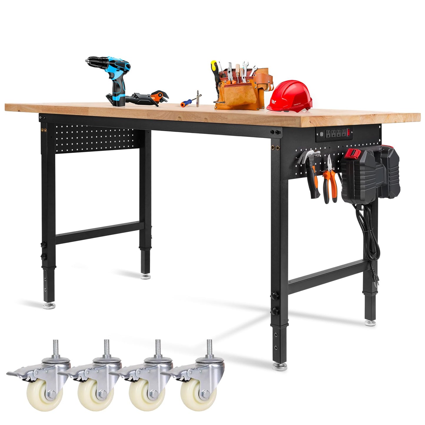 MUWOOD Height Adjustable Workbench with Wheels 60”×22” Heavy Duty Work Table 2000 LBS Capacity Rolling Work Table Rubber Wood Work Station with Power Outlet & Pegboard for Garage, Office, Workshop