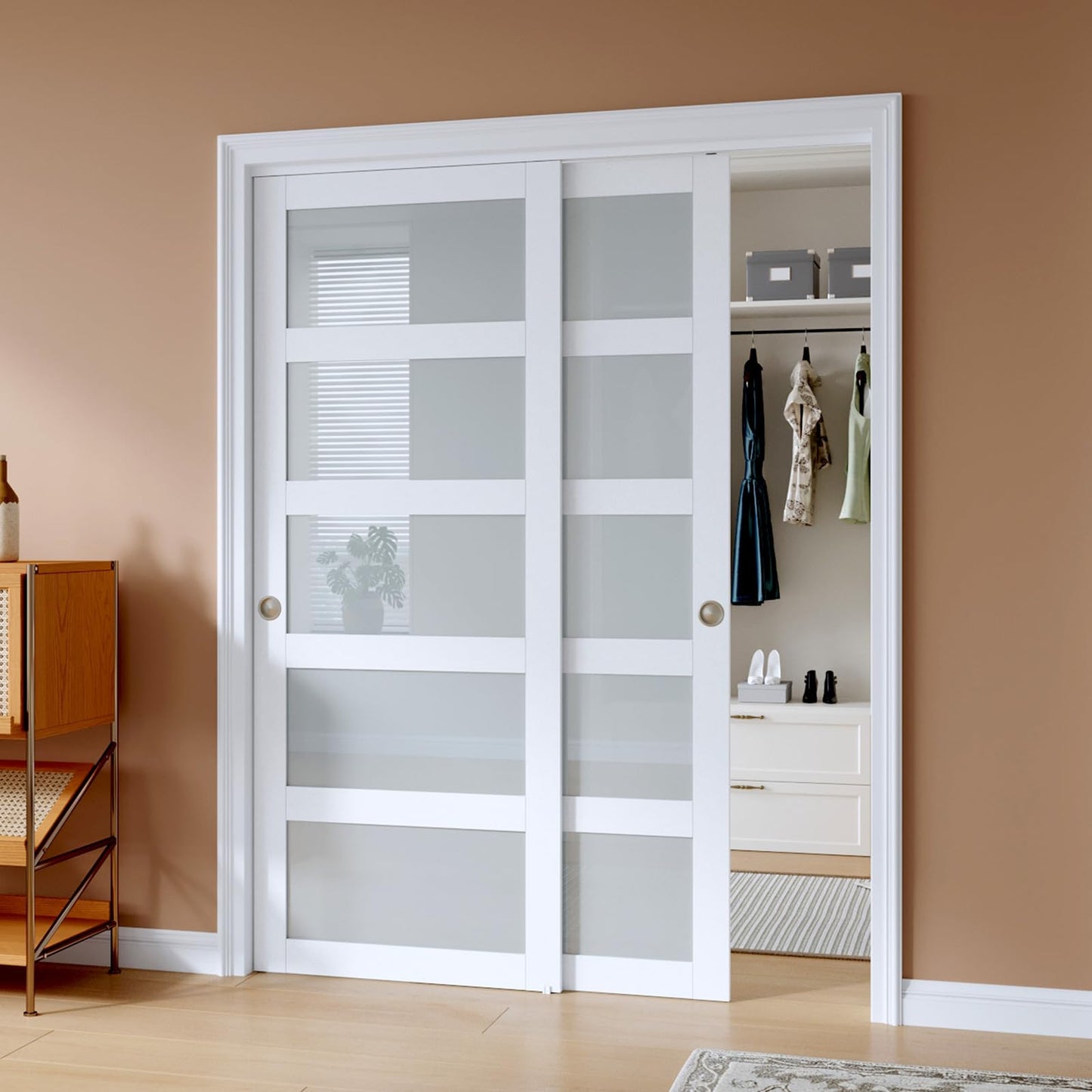 EaseLife 60"x80"(Double 31"x80") Sliding Closet Door,5-Lite Frosted Glass Bypass Sliding Door with Hardware Kit,Solid MDF Wood Slab & Water-Proof PVC Surface,White