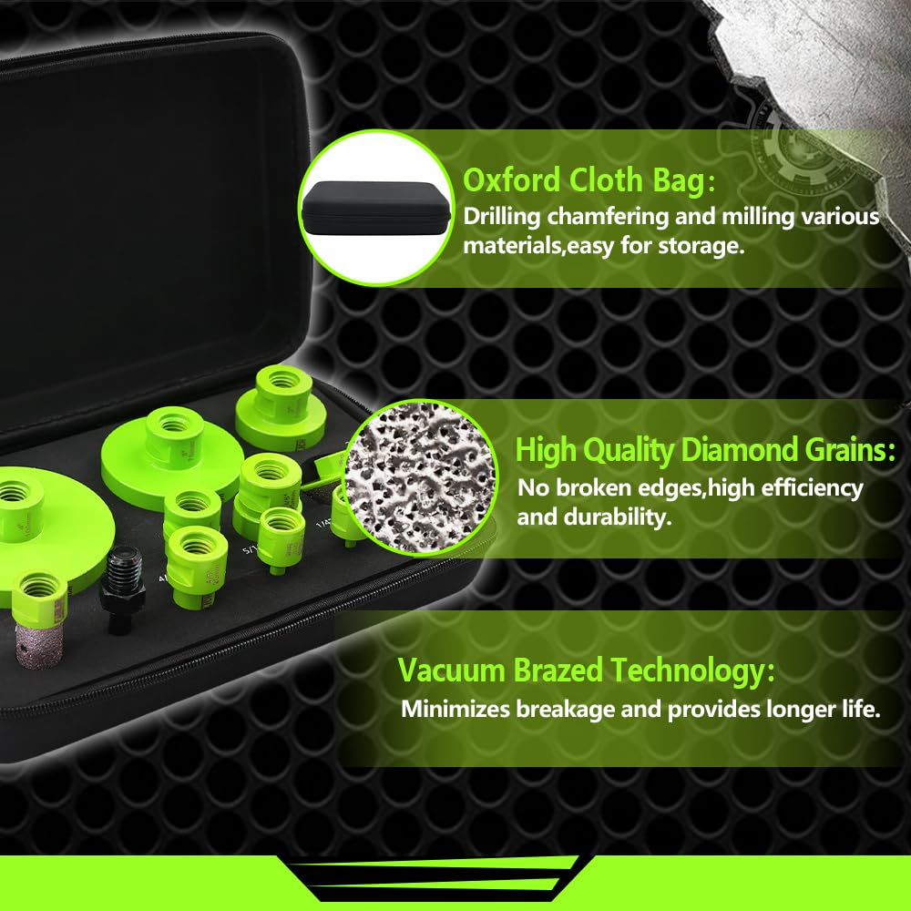 Tile Hole Saw Kit - 12pcs Diamond Core Drill Bits Set 1/4" 5/16" 4/5" 1" 1-3/8" 2" 3" 4" with 4/5" Finger Bit 2" Beveling Chamfer Bit for Porcelain Ceramic Granite Marble