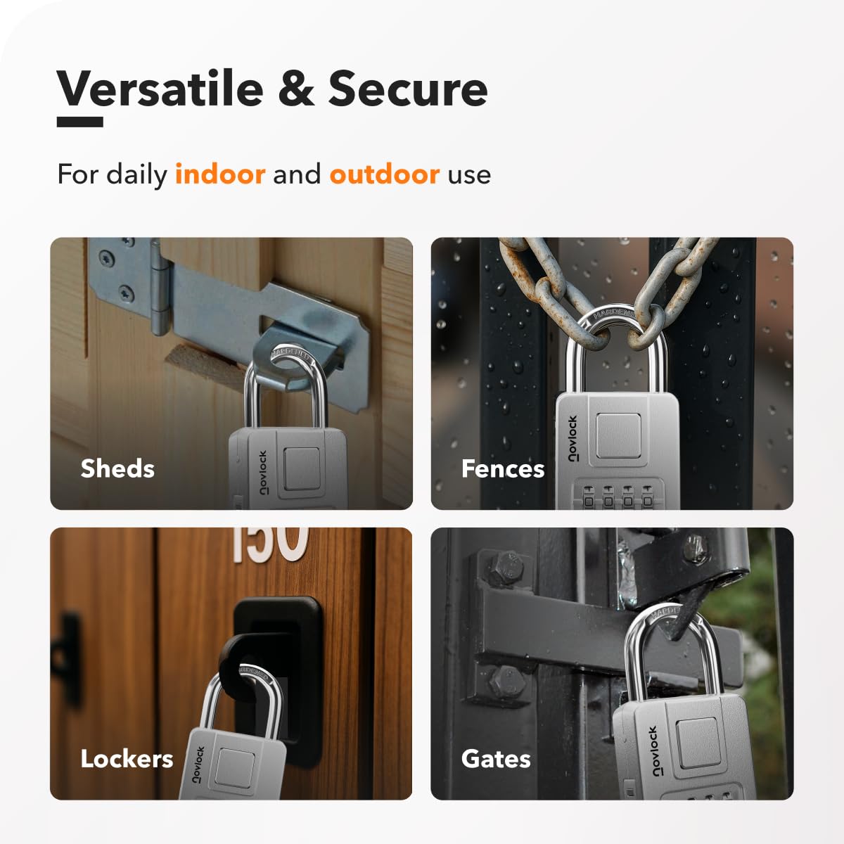 NOVLOCK Combination Lock for Outdoor & Indoor | Heavy Duty, Weatherproof, 4-Digit Security | Padlock for Lockers, Gates, Fences, Sheds, Storage | 1-Pack, Silver