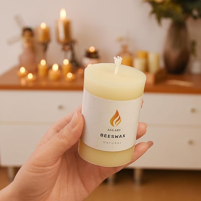 6PCS Beeswax Pillar Candles,Large Handmade Pure Beeswax Candle,Long Lasting Burn Time，Unscented Smokelessï¼? * 3",20H, White