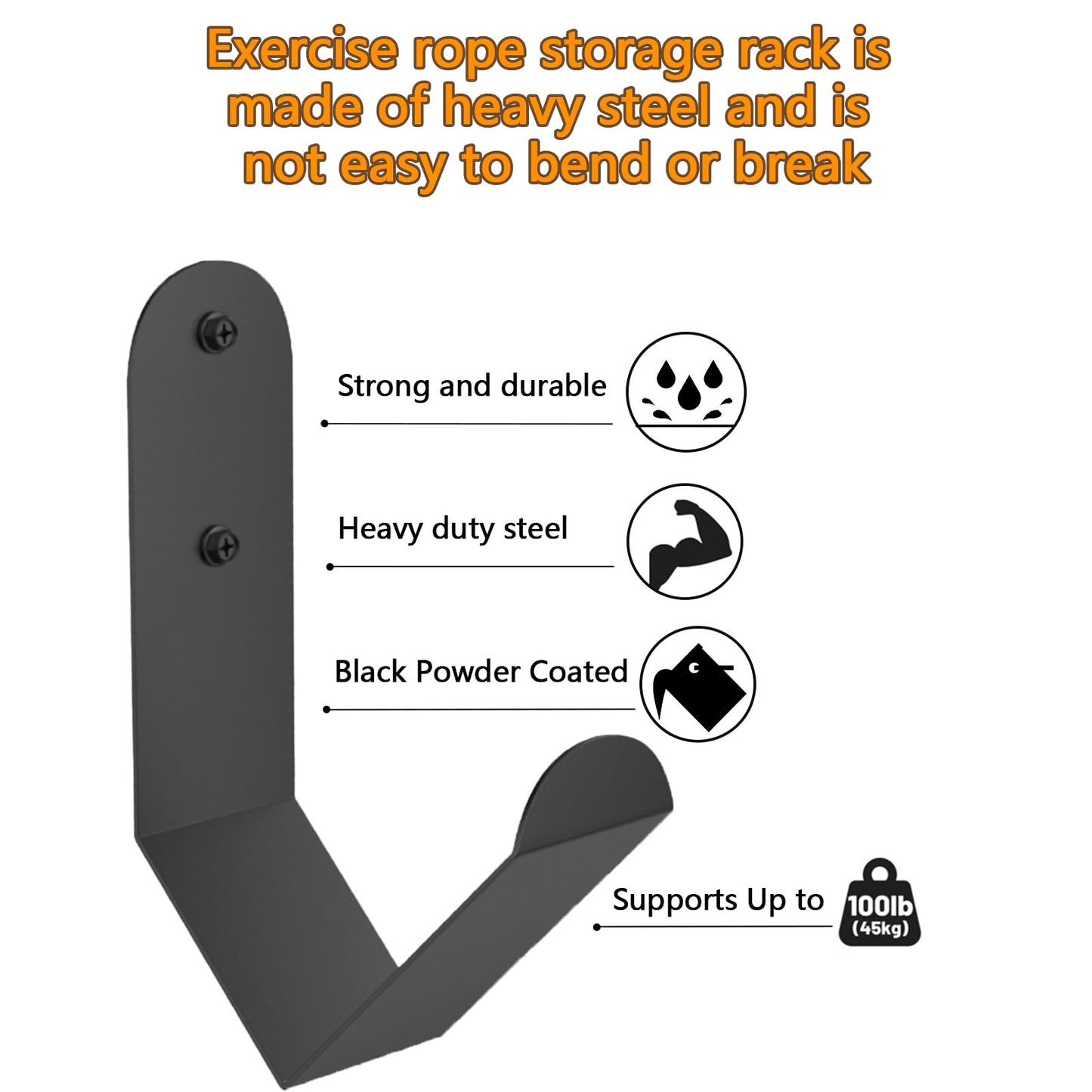 Yuleimy Battle Rope Storage Hook, Heavy Duty Wall Mount Gym Rope Hanger Bracket, Holds 100 LBS, Large Steel Organization Rack for Home & Commercial Gyms, Black, 1 Pack