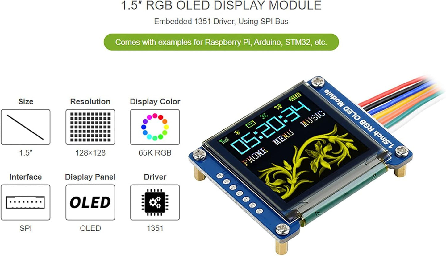 waveshare 1.5inch 128x128 16-bit (65K STM32 RGB OLED Display Module, Pixels High Color Colors) SPI Interface Compatible