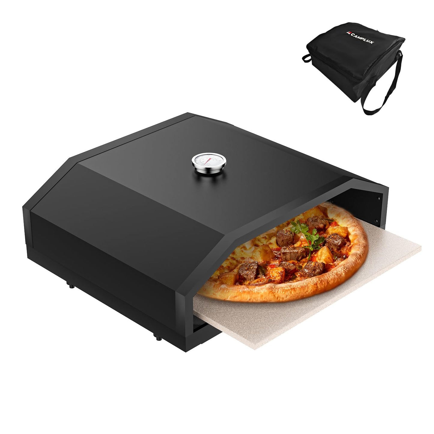 CAMPLUX 17 Inches Pizza Oven for Grill with Storage Bag and 14.8"×13" Cordierite Stone, Grill Top Pizza Oven Built-in Thermometer, Compatible with Propane & Charcoal Grill for Crispy Homemade Pizza