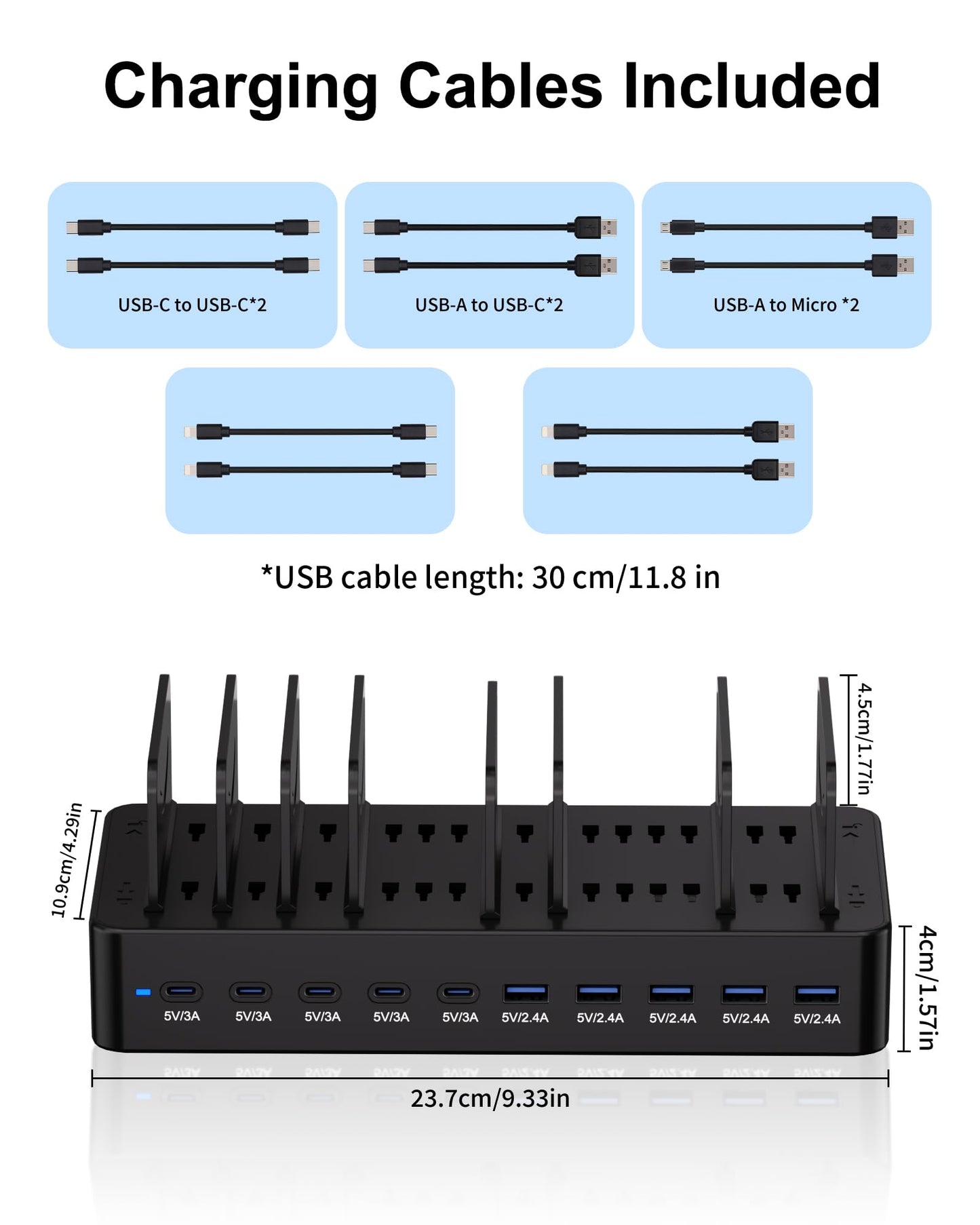 100W Charging Station for Multiple Devices, 10-Port USB Fast Charging Station with Adjustable Dividers & 10 Cables- Multi Device Organizer Charging Dock for iPhone, iPad, Tablets & More(Black)