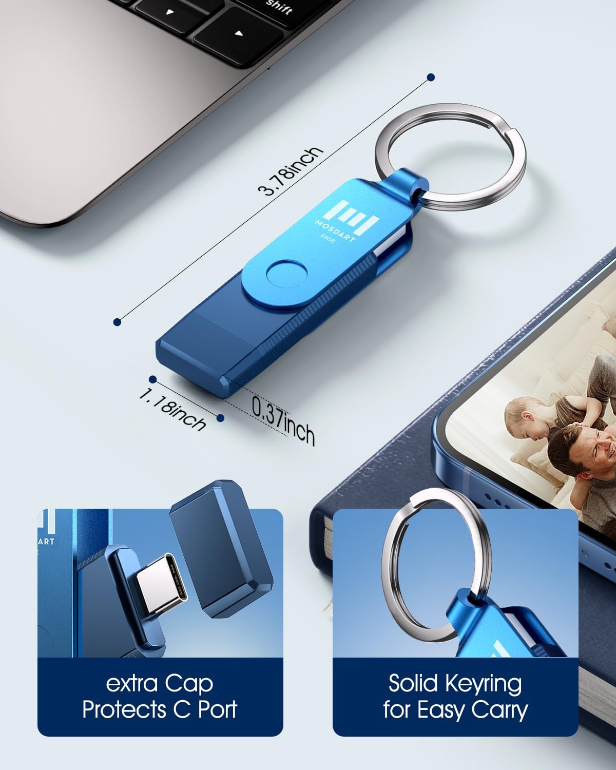 mosDART 64GB 3.2 150MB/S 15,16, 17, Dual USB C Flash Drive, Speed Up to Type C Thumb Drive with Keychain, for iPhone