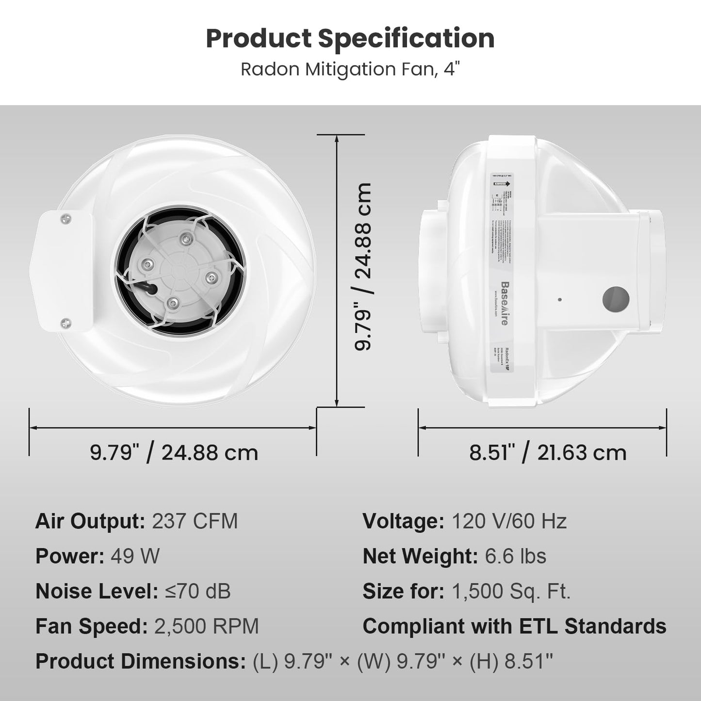 BaseAire 4 Inch 237 CFM Radon Mitigation Fan, Quiet Energy Efficient Radon System, RadonEx 15F Crawlspace or Slab Application, Waterproof Exhaust Fan for Indoor Outdoor Ventilation, 1500 Square Feet
