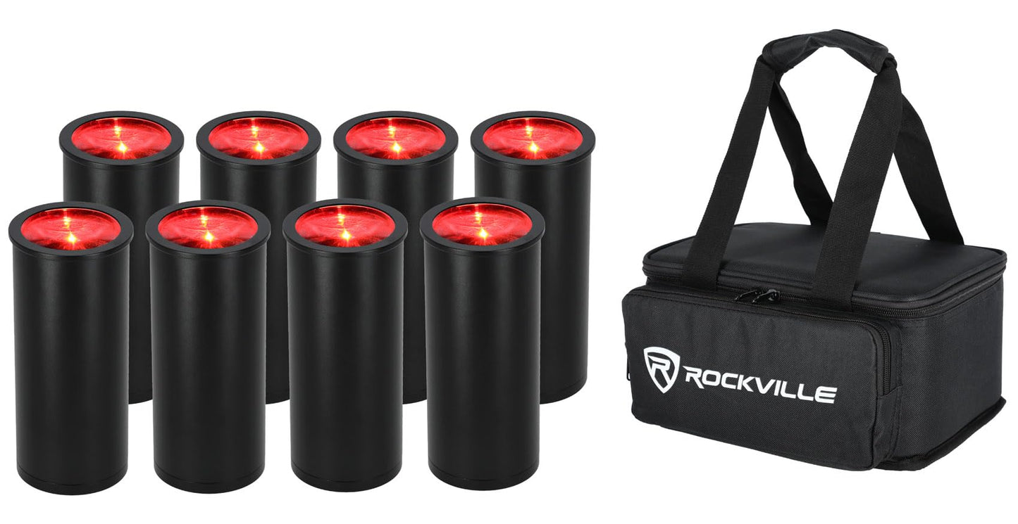 Rockville 8 Pack MINI Halo Black DJ Wash Lights + Bag, Wireless DMX, 17 Hour Battery, Wireless DMX, RF Remote