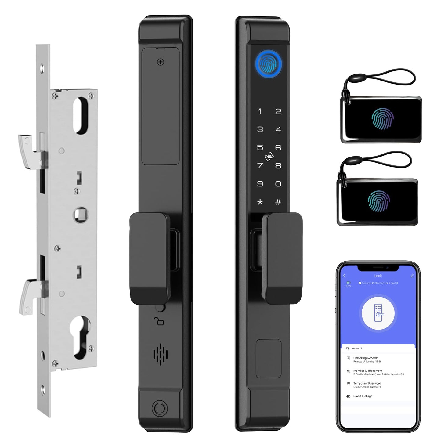 eLinkSmart Slim Keypad Door Lock Built-in WiFi Fingerprint Keyless Entry Mortise Smart Lock for Sliding Patio Glass Door, 2885 Hook Latch, Fits 22–110mm (0.87"-4.33") Door Thickness, Tuya App