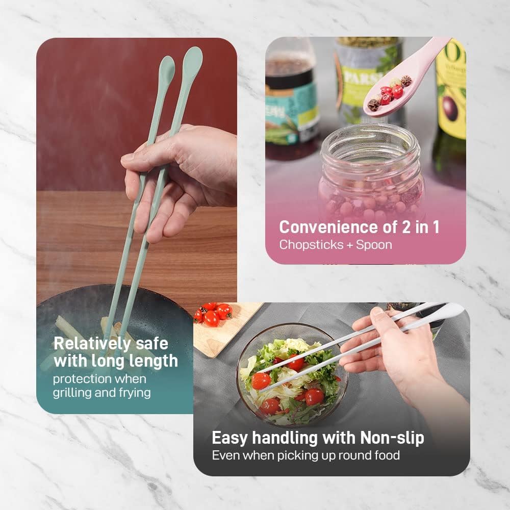 RECOHOME Reusable Long Silicone Cooking Chopsticks with Spoon - 12 Inches 3 Color Set, Eco-Friendly, Heat-Resistant, Non-Scratch, Korean, Japanese Asian Kitchen cookware. (Pink, Green, Grey, 3 Pair)
