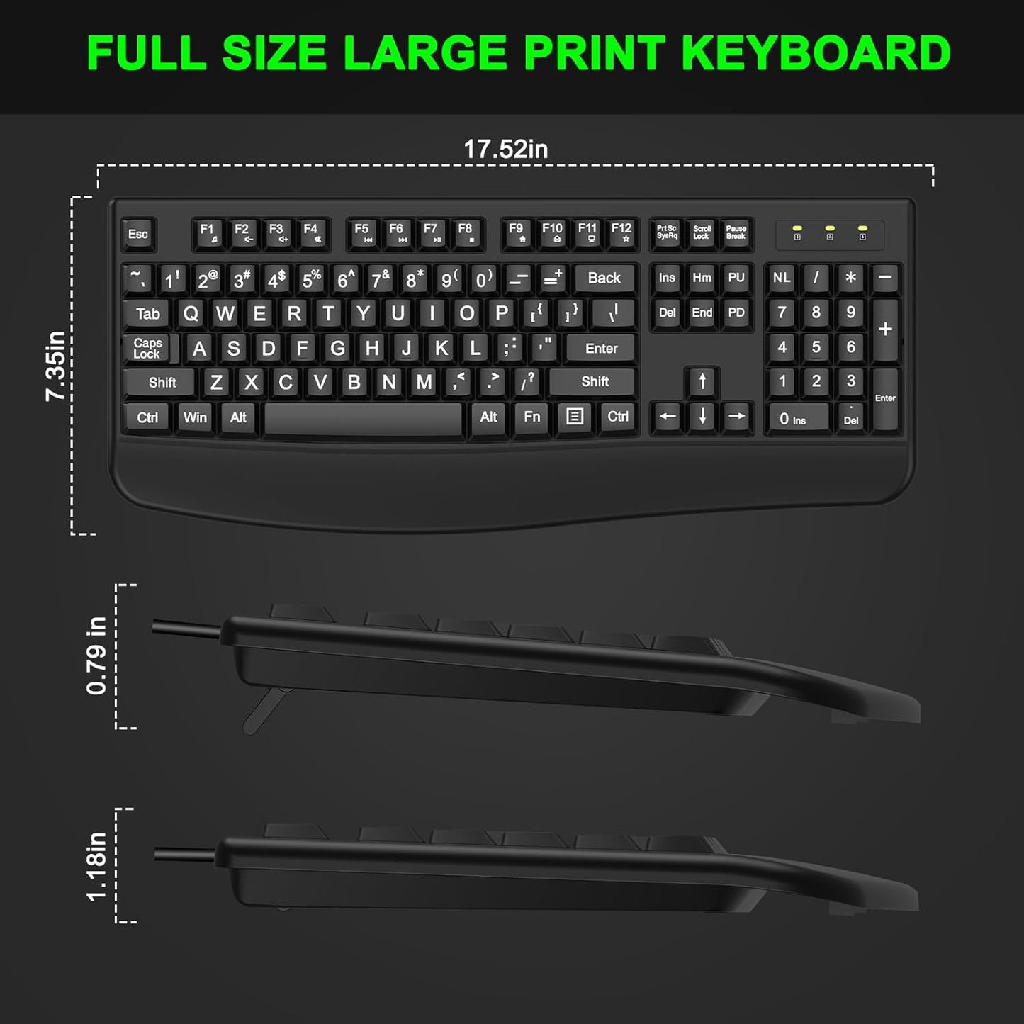 QUASIO 4X Large Print Ergonomic Keyboard, Full Size Keyboard with Wrist Rest, Silent Wired USB Computer Keyboard