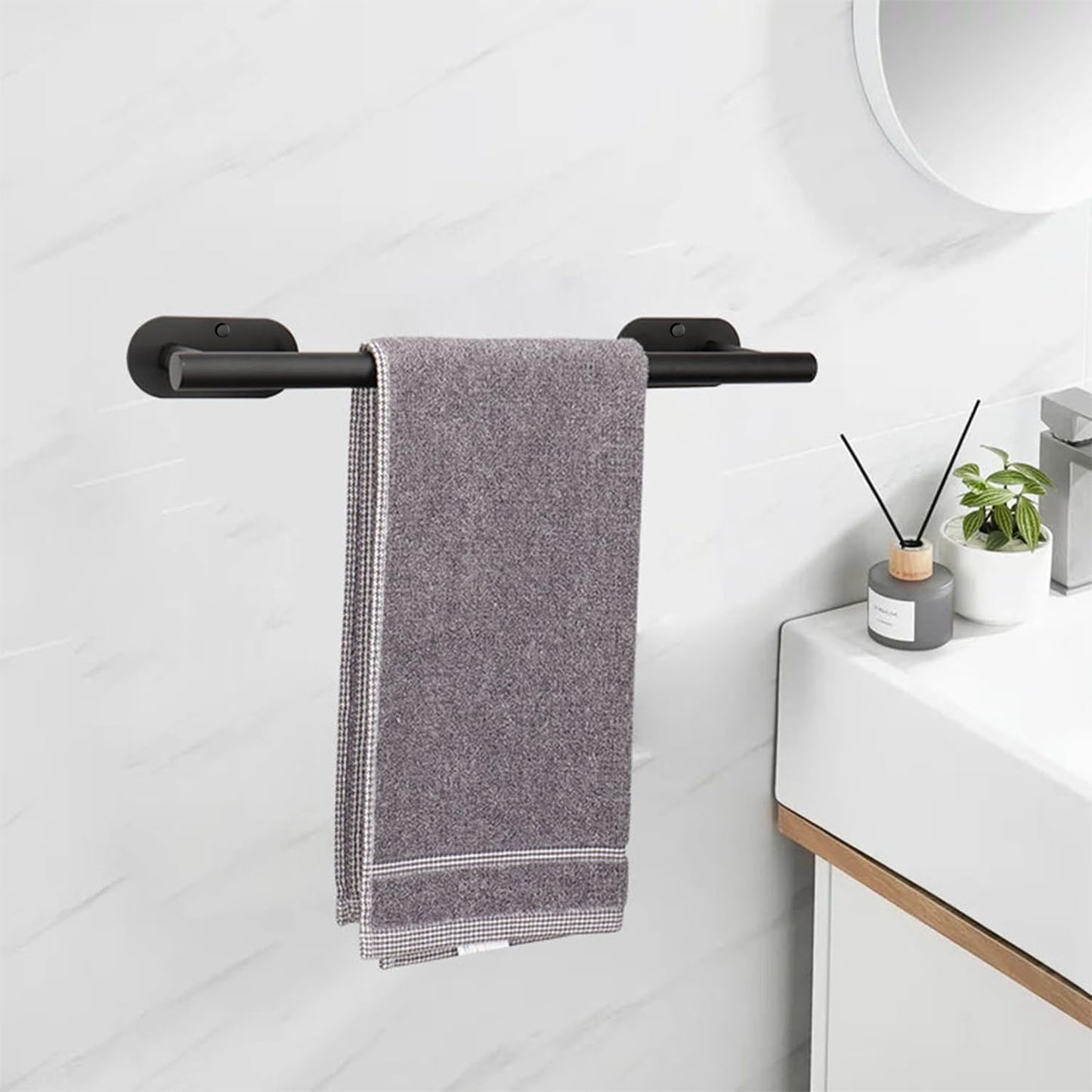TocTen Self Adhesive Bathroom Towel Bar, Stick Towel Rack for Bathroom, Rustproof Stainless Steel Bath Towel Holder No Damage, Easy to Install Drill Free Towel Rod for Bathroom (Matte Black, 16 Inch)