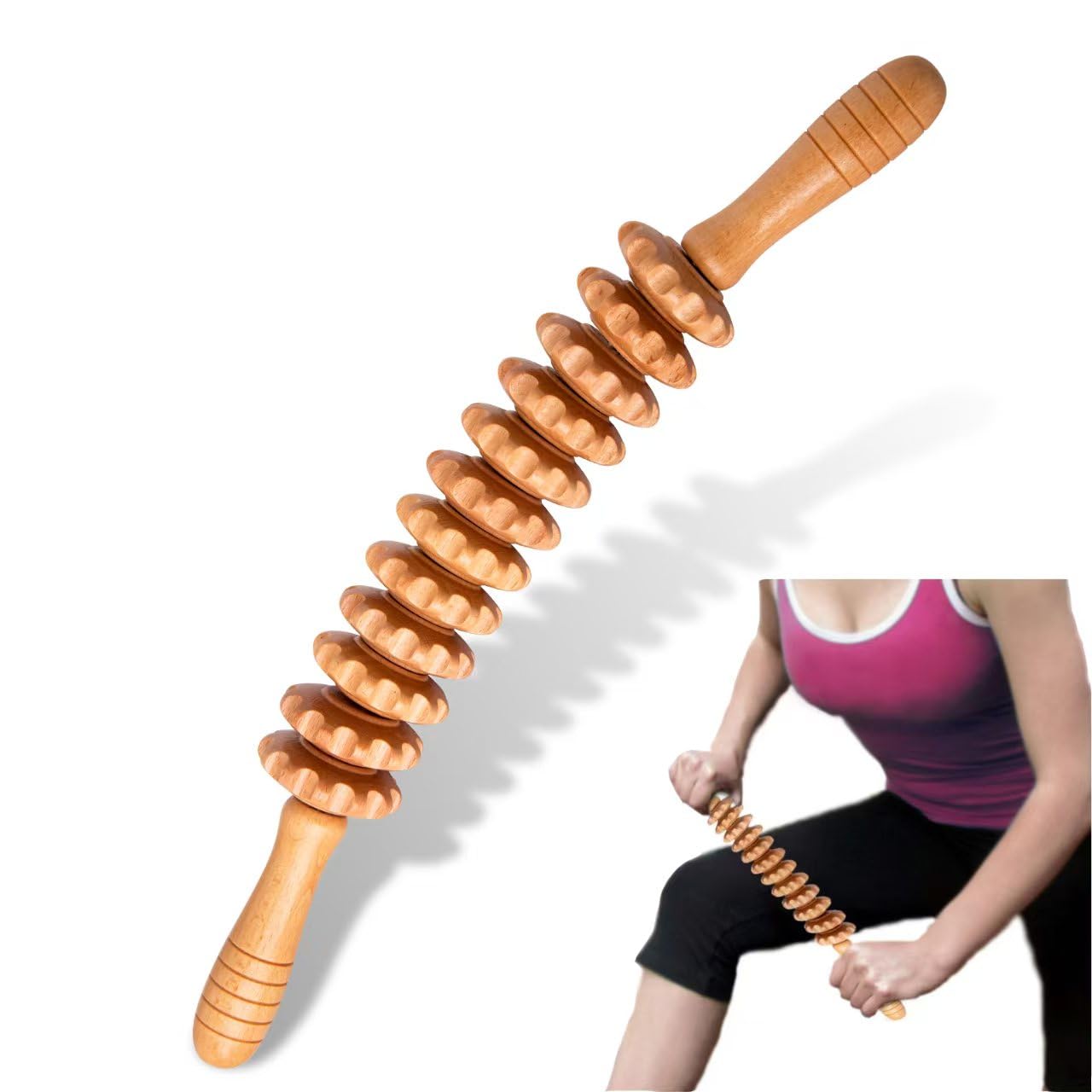 DAOZWUBGIH Curved Wood Therapy Massage Roller Tools,Lymphatic Drainage, Cellulite Massage & Wooden Muscle Roller Stick for Waist and Thigh, Stomach Rolling Massager Tool （with White Box）