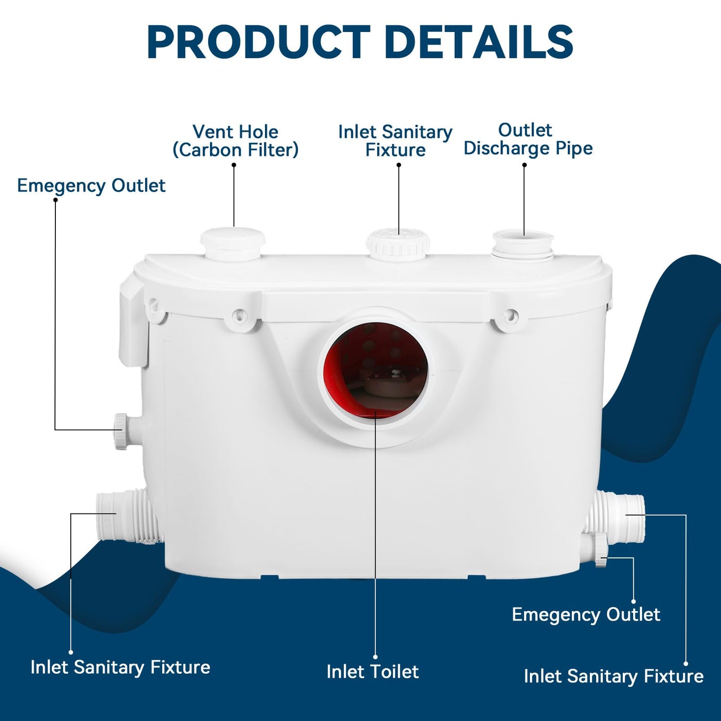 600W Macerator Pump Toilet Pump Upflush to 26FT 1800GPH Utility Sink Pump with 4 Water Inlets 1 Outlets Macerating Toilet System for Toilet Sink Shower Laundry Kitchen Basement