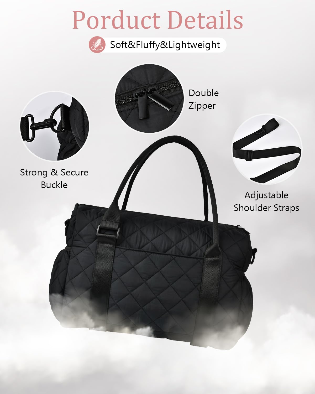 KUIRAN Gym Bag for Women with Yoga Mat Holder, Small Mini Gym Tote Bag Puffy Quilted Lightweight Sports Duffel Bag with Wet Compartment for Dance Yoga Workout Travel - Black