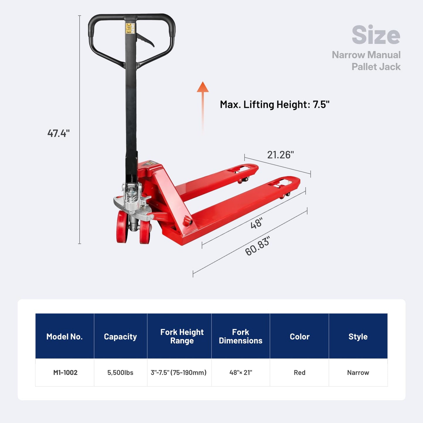 NORTHSKY Narrow Manual Pallet Jack, 48" x 21", 5500lb Capacity for Warehouse, Workshop