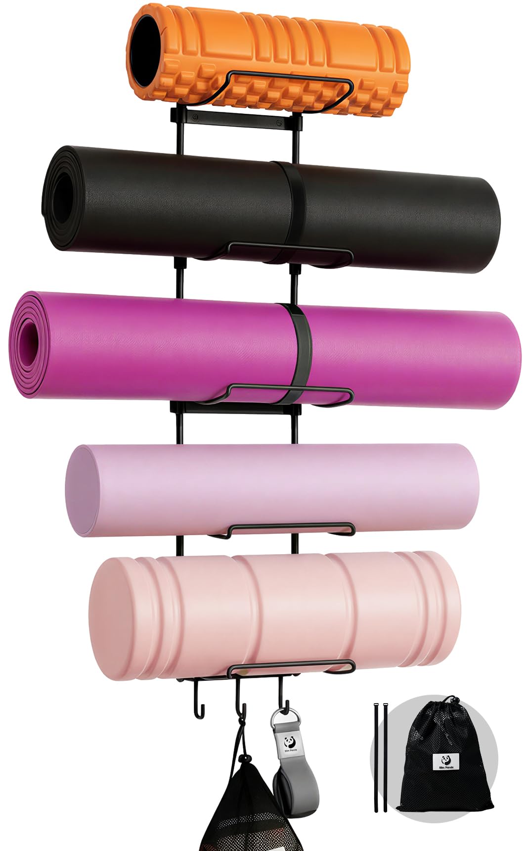 Slim Panda Yoga Mat Holder Wall Mount With Mesh Bag,Yoga Accessories Storage Rack,Home Gym Organizer with 5-Tier & 3 Hooks for Hanging Yoga Mats, Foam Roller, Resistance Bands & Yoga Accessories