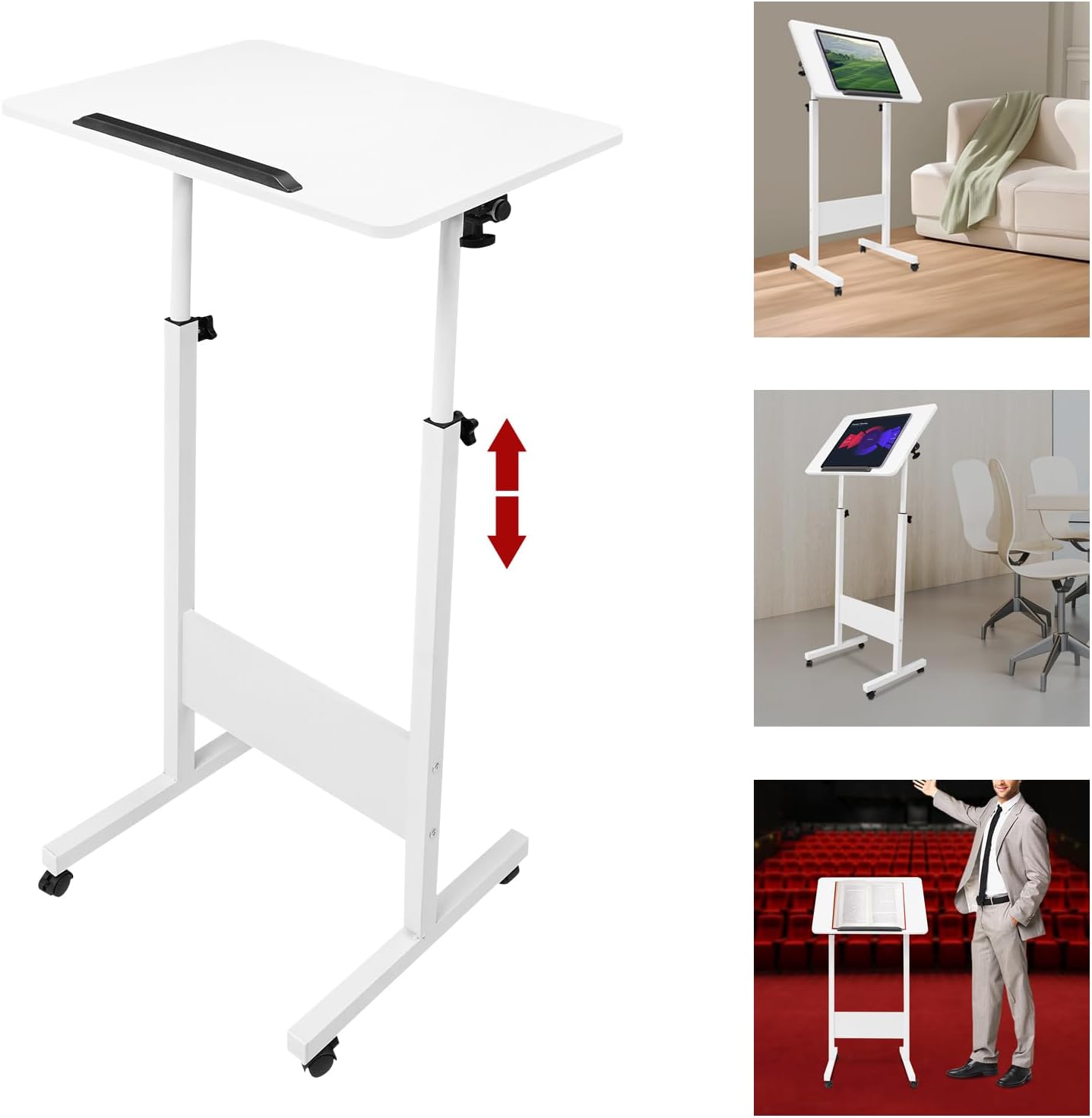 Cbhfmljd Adjustable Laptop Desk, Portable Podium Stand with Wheels Height Adjustable Presentation Mobile Standing Desk