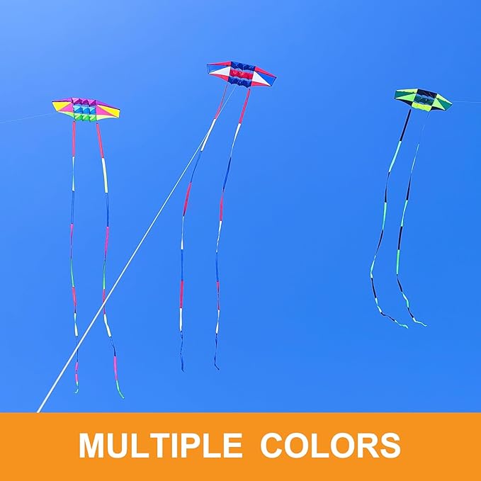 Beach Kites for Adults Large with Long Tail, 98 inches Super Easy Flyer 3D Rainbow Box Kites, Comes with Two 49 Feet Multi Colors Tails, 300 ft Kite String & Handle