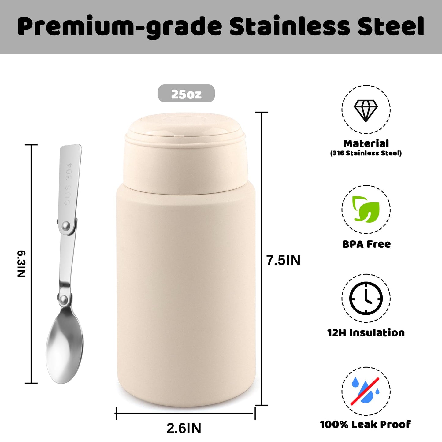 Thermo for Hot & Cold Food, 25oz Insulated Food Jar with Handle Spoon, Thermal Lunch Container, 316 Stainless Steel Lunch Box for Men Women, Keeps food Hot for 12 Hours or Cold for 24 Hours(White)