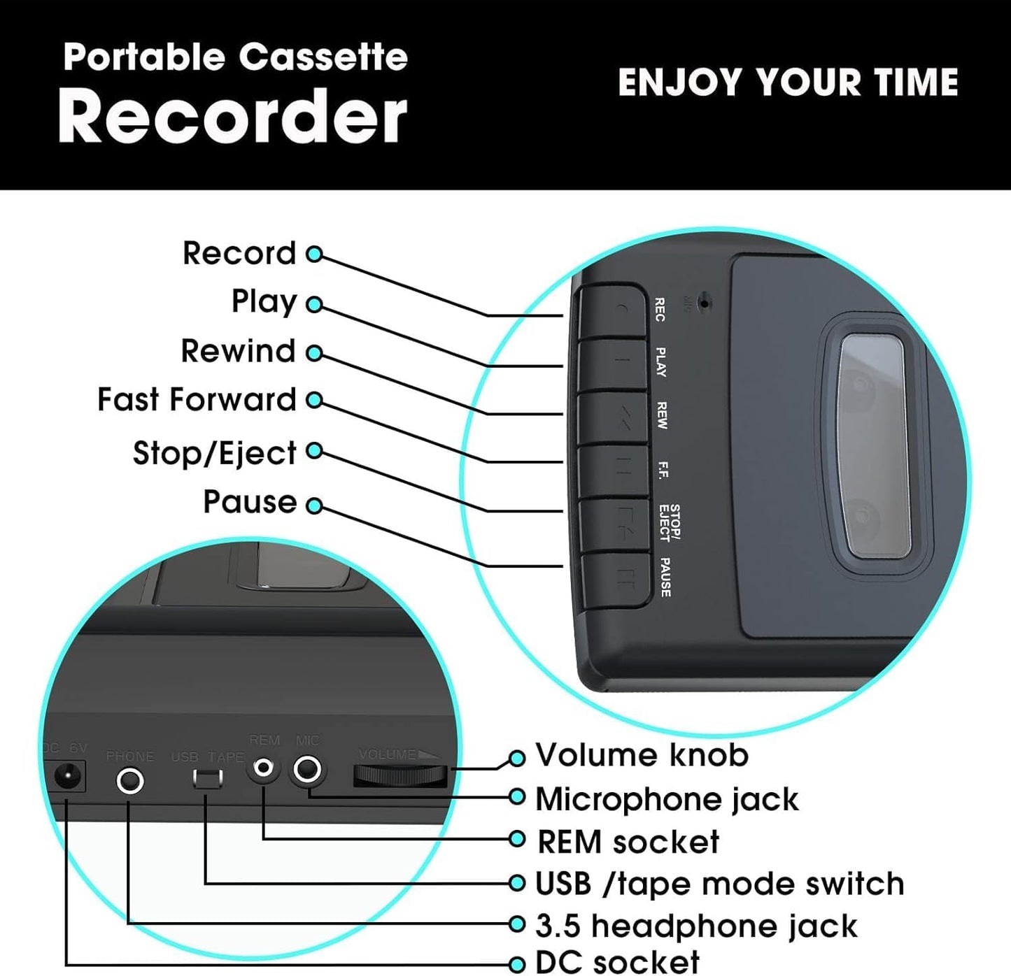 Mersoco Cassette Cassette 3.5MM Portable Player,Digital Recorder Portable Tape Player with Stand-Alone Microphone
