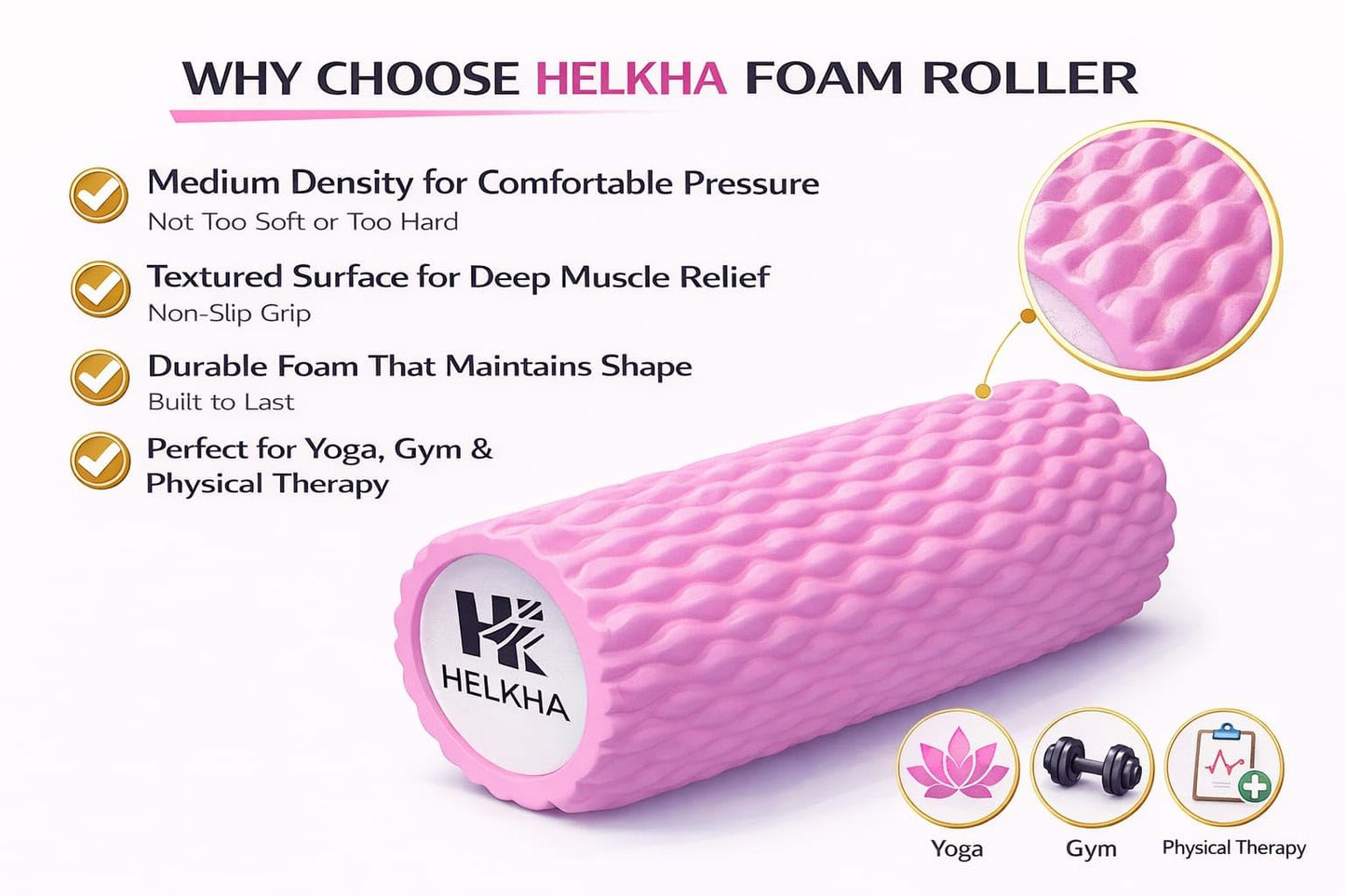 HELKHA Pink Foam Roller-Medium Soft Density Muscle for Muscle Recovery, Yoga, Pilates & Physical Therapy