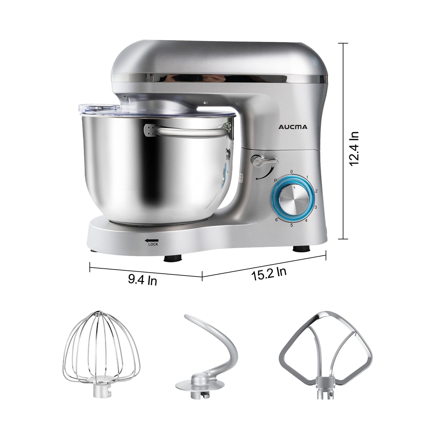 Aucma Stand Mixer,6.5-QT 660W 6-Speed Tilt-Head Food Mixer, Kitchen Electric Mixer with Dough Hook, Wire Whip & Beater (Silver, 6.5QT)