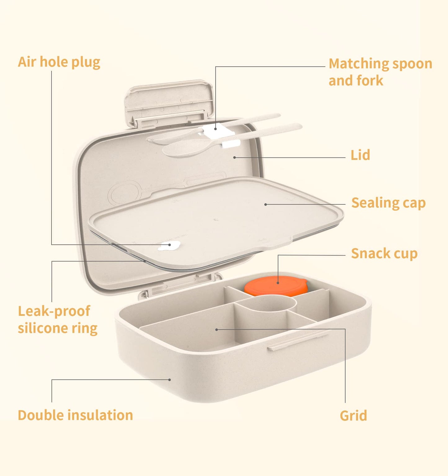 ANDMOON Bento Lunch Box, 5 Compartments Lunch Container for Kids/Adults with Snack cup, Wheat Fiber Eco-Friendly Double Insulated Boxes, Dishwasher and Microwave Safe, BPA-Free (White)
