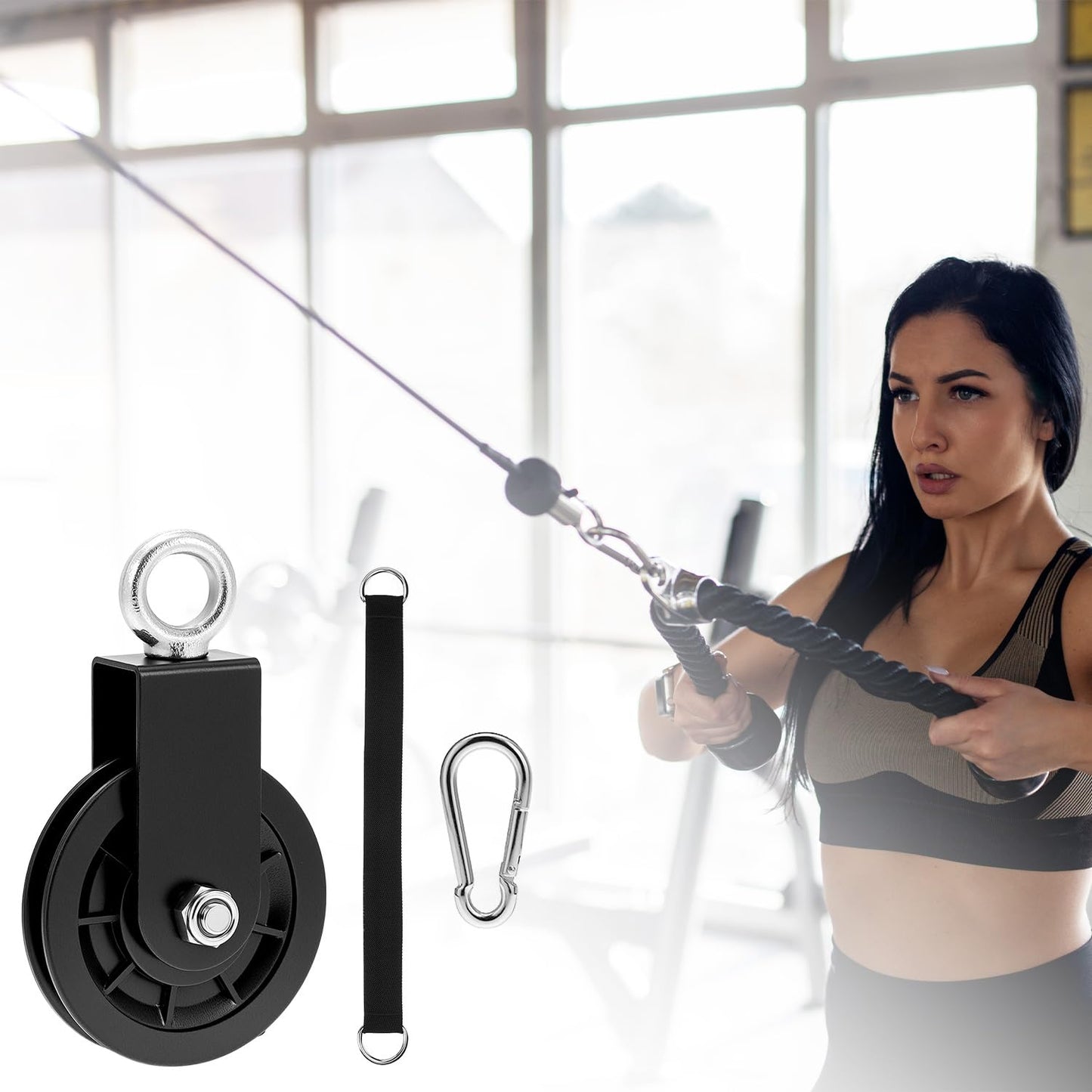 QWORK Gym Pulley Wheel Set, 2 Sets Cable Pulley with Swing Strap Carabiner – 330 lbs Capacity