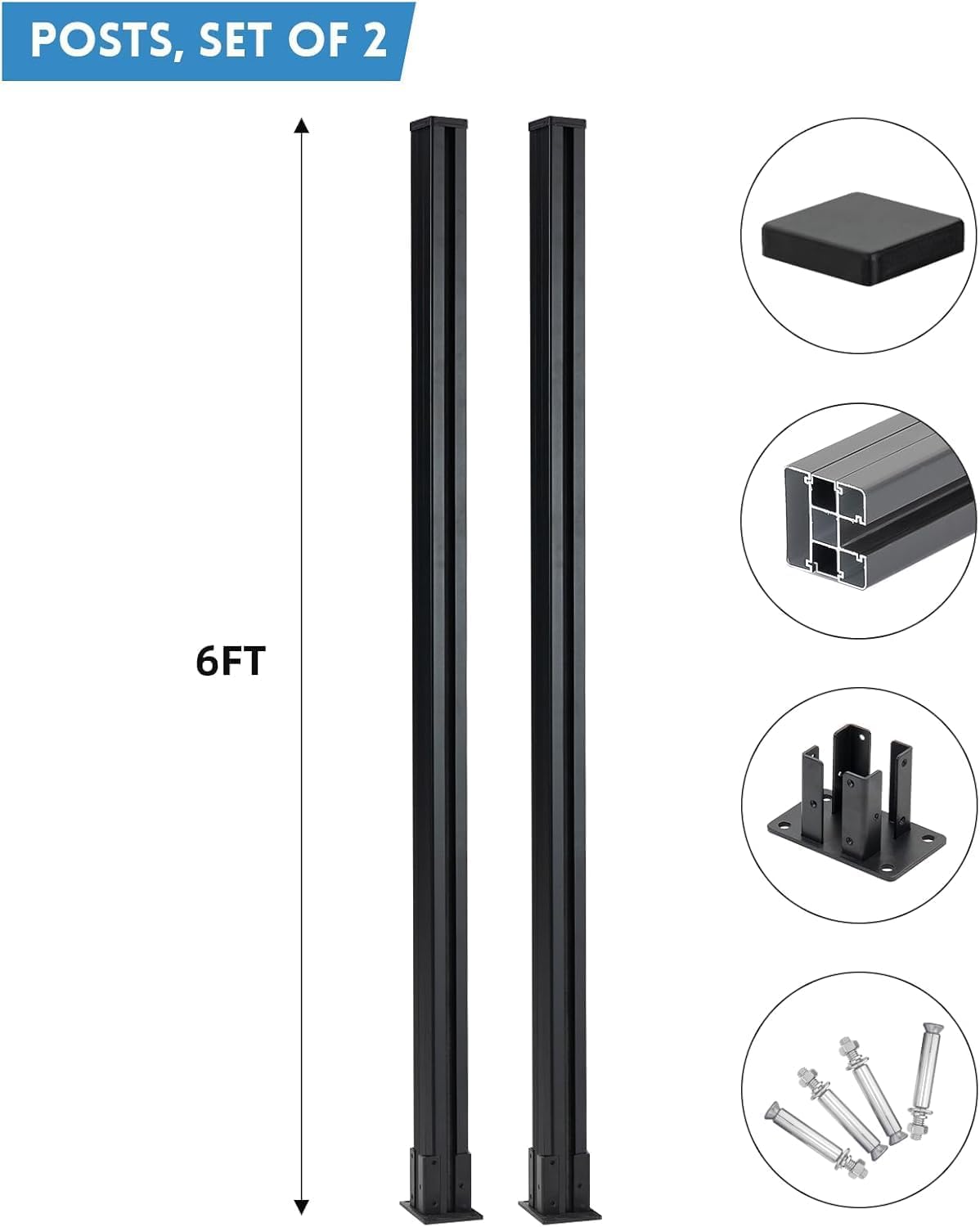 Mondaria 6 Ft Metal Above-Ground Posts for Wood-Plastic Composite Fence Installation with Meat Base, Top and Button Covers, Screws(Black, Set of 2)