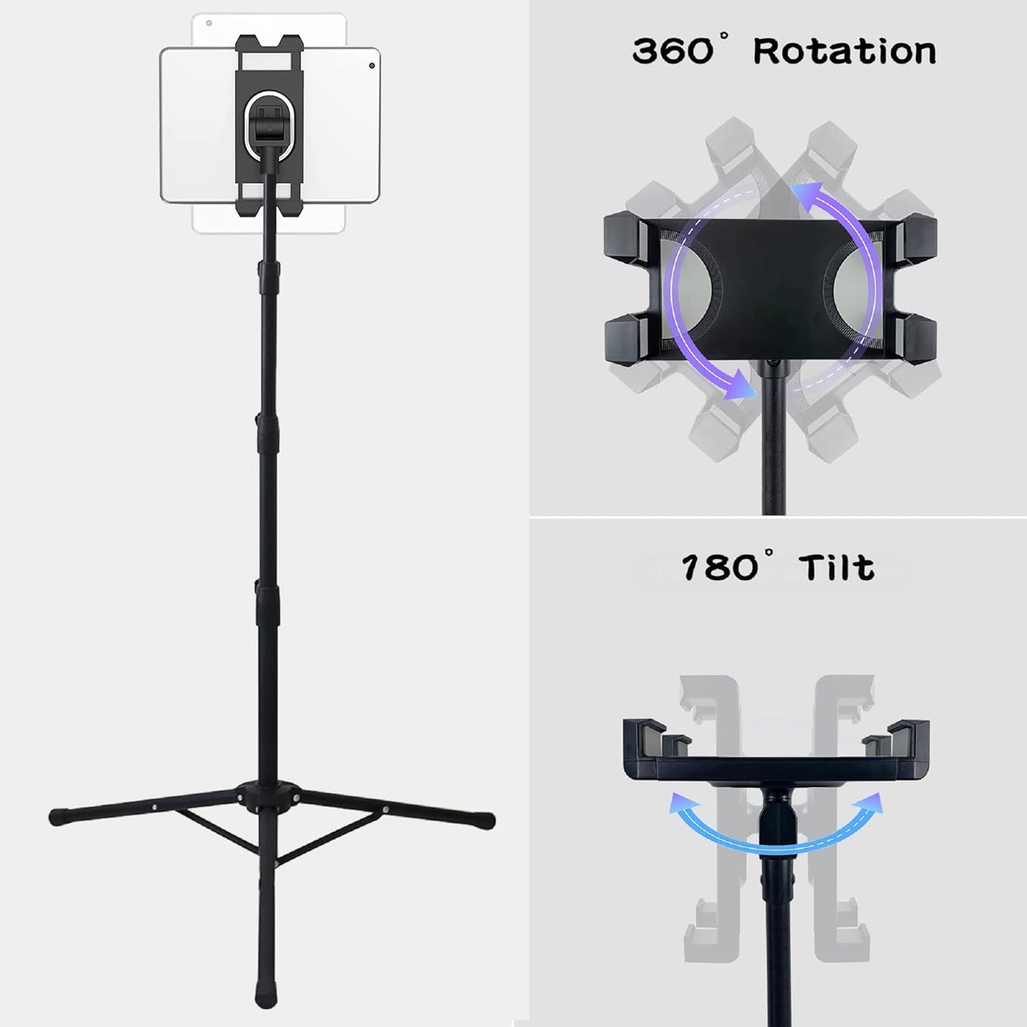 Raking 360Rotating 5.5-12.9 Inch Tablet Floor Stand, Height Adjustable Cellphone Floor Stand with Tripod Mount