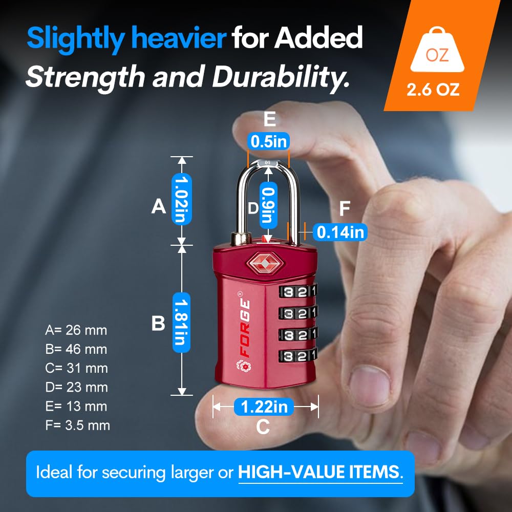 Forge Travel Lock,TSA Approved Luggage Locks for Air Travel, Gym Lockers, School Lockers, Pelican Cases, Gun Case, Easy Read Dials, Durable Alloy Body