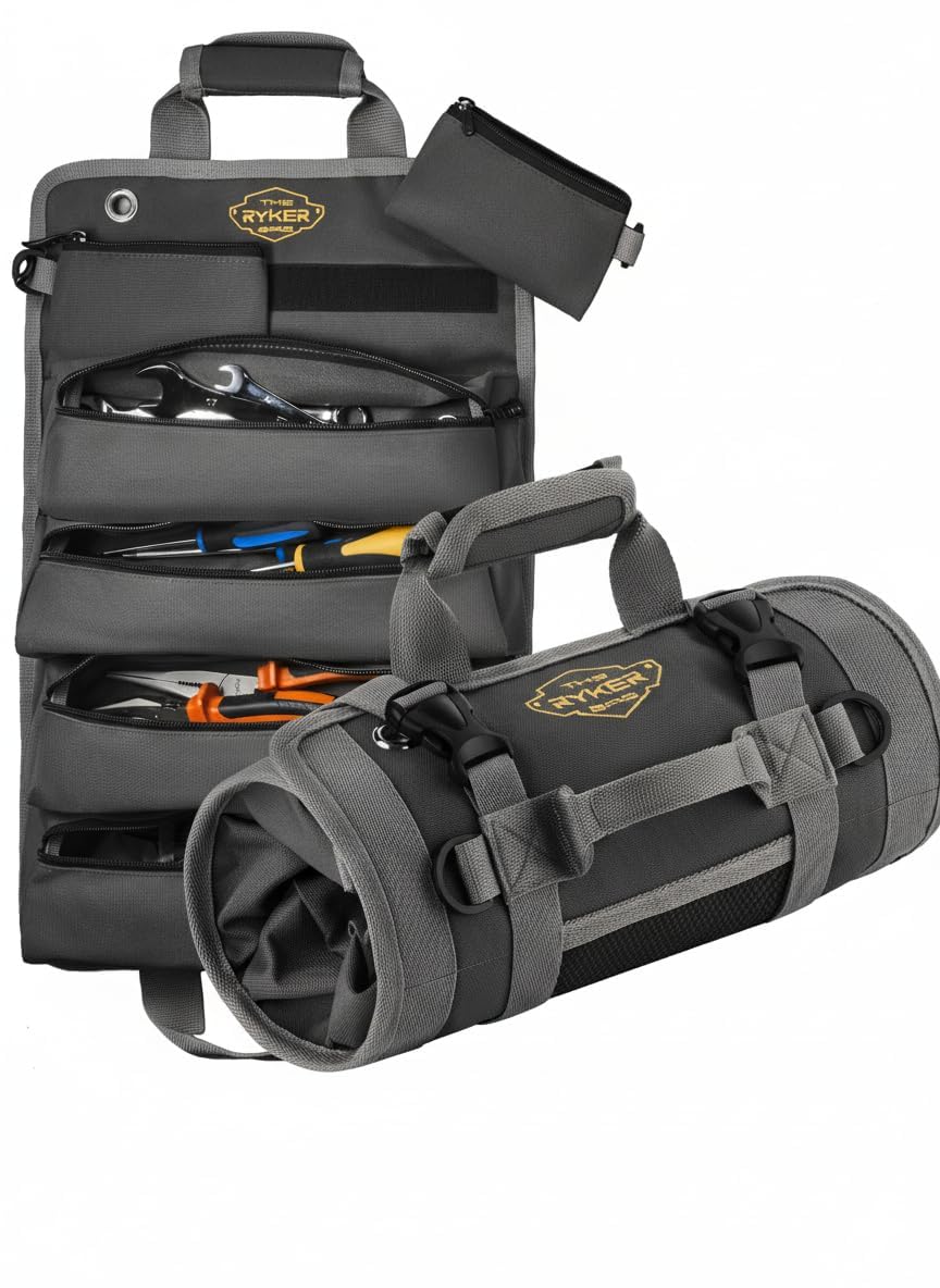 The Ryker Bag Black Roll Up Tool Bag Organizer – Heavy Duty Motorcycle Tool Roll with Detachable Pouches for Mechanics, Electricians, Plumbers & DIY Storage, Practical Gift for Dad (Black)