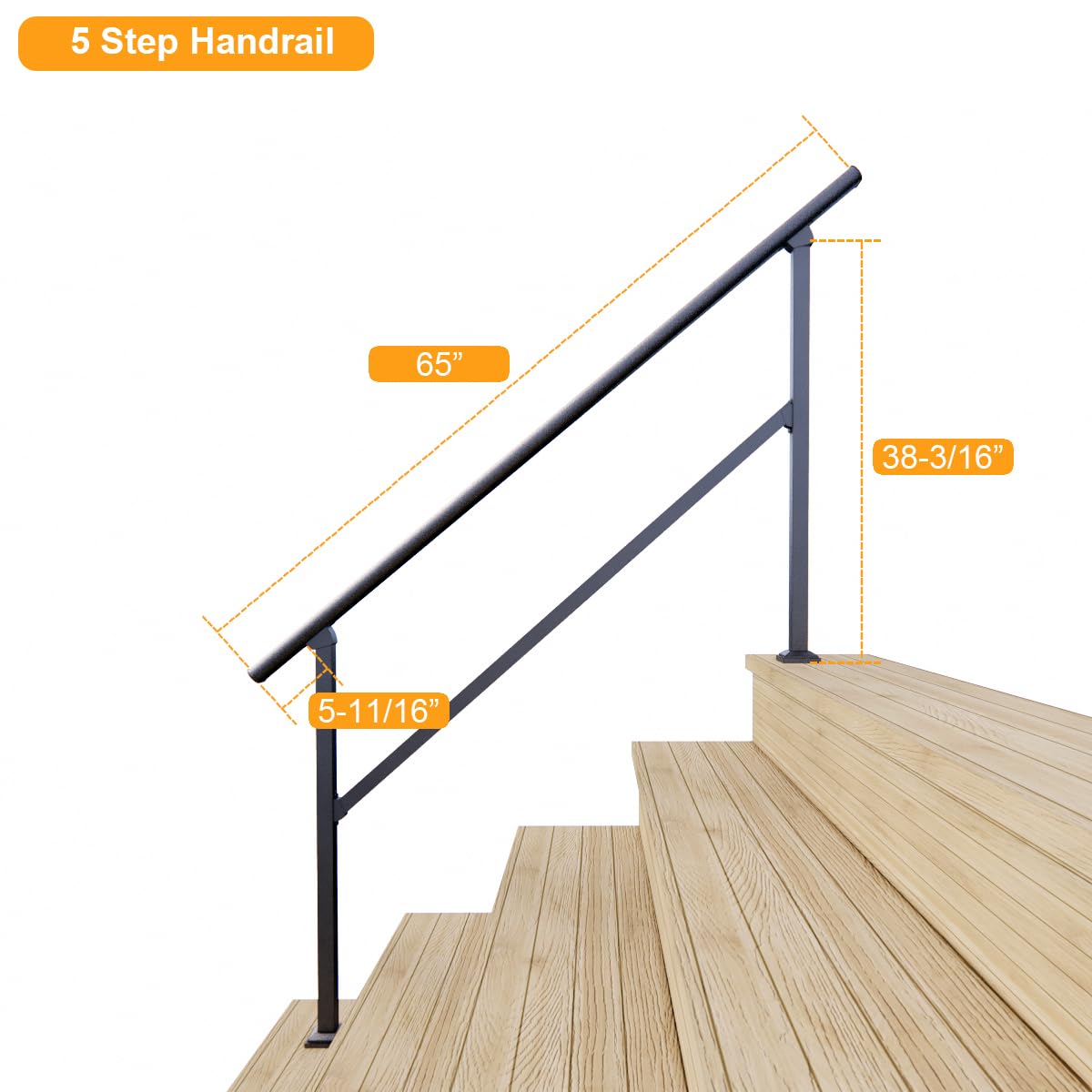 DIYHD 5 Step Handrail for Outdoor,Powder Coated Iron Stair Railing,Black Hand Rails for Indoor, Porch,Deck,2 Pack