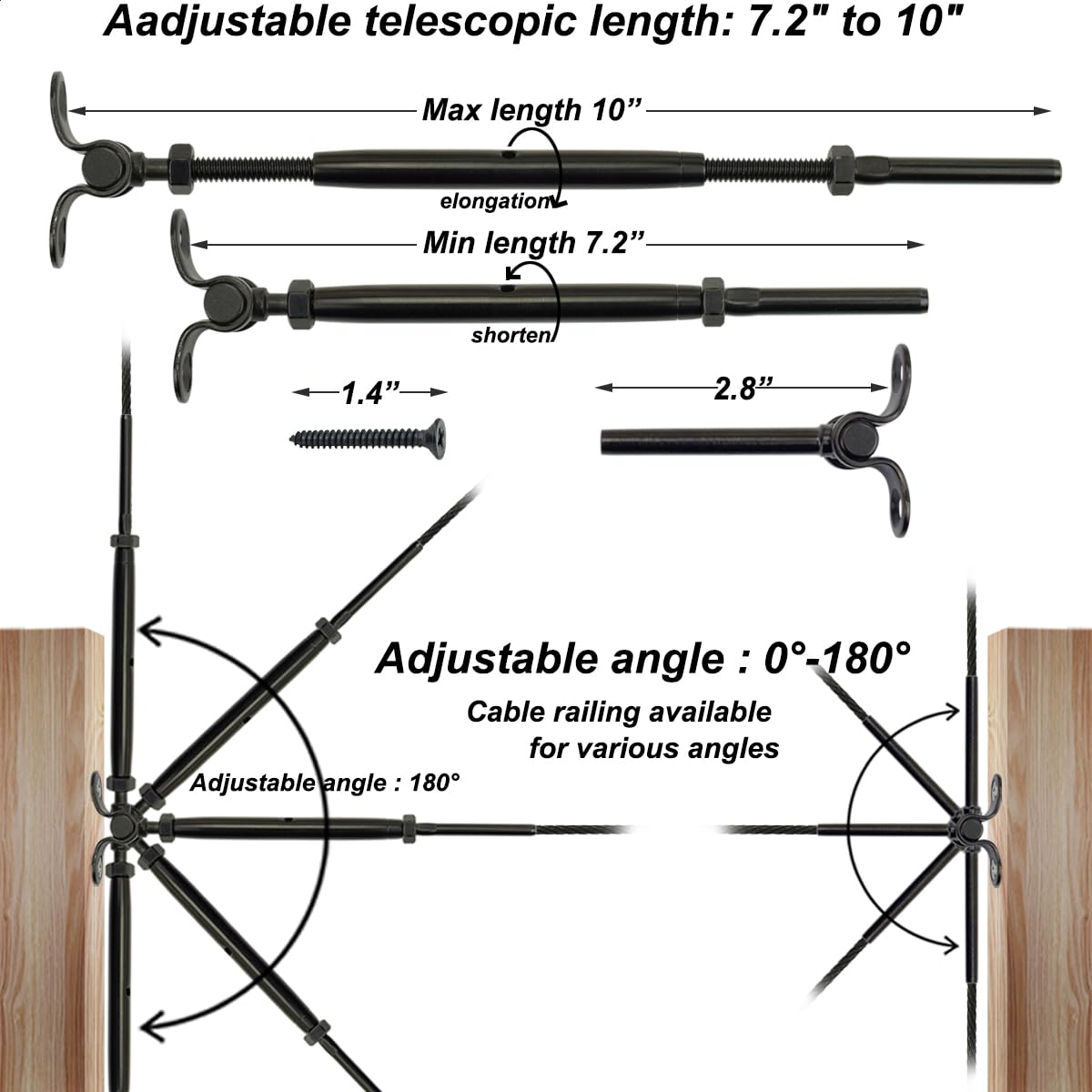 Toukioo Black Cable Railing Hardware Kit, for 3/16 Cable Railing System for Wood Posts, Stainless Steel Swage Toggle Turnbuckle 10 Pairs