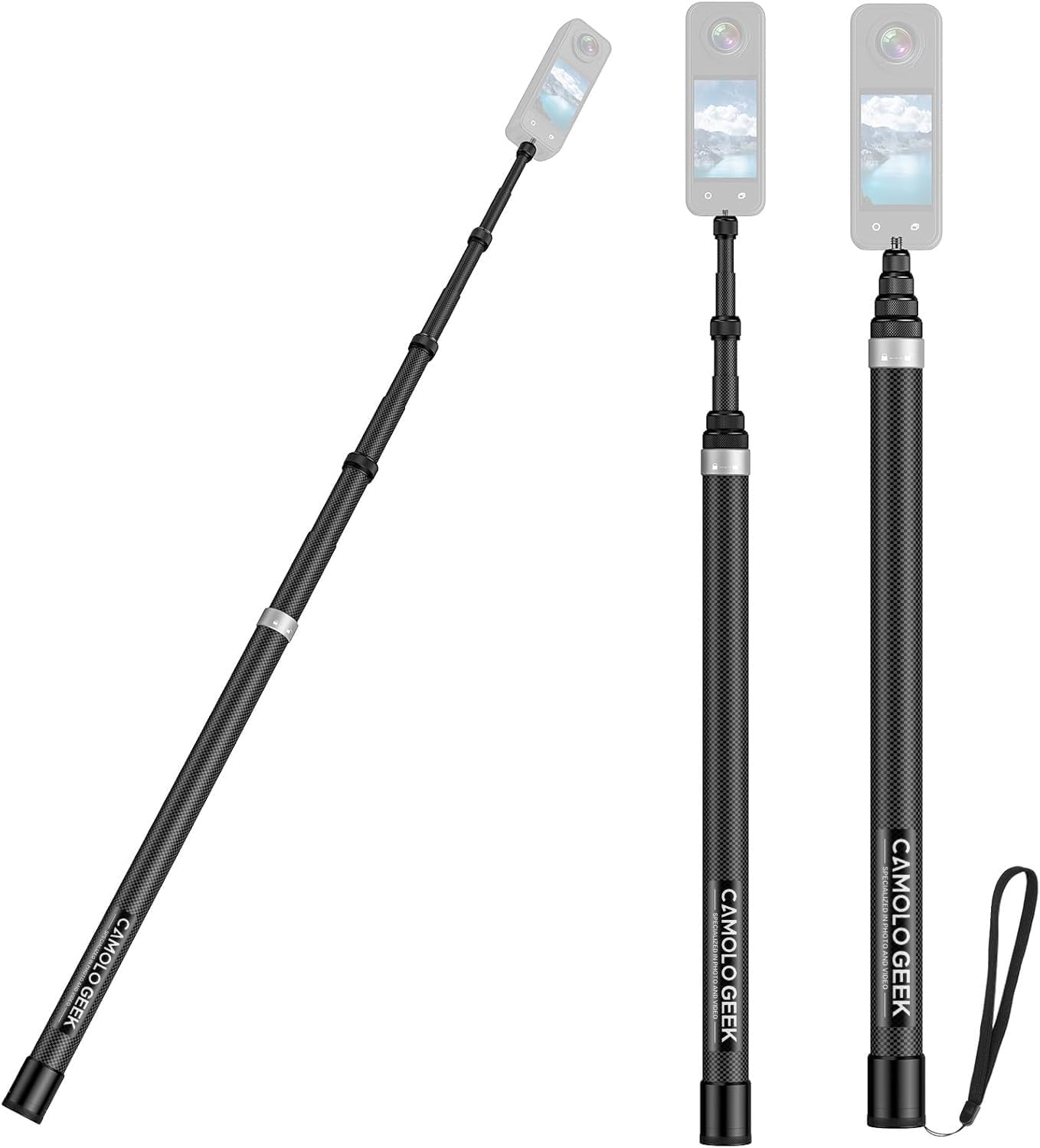 CAMOLO GEEK 118"/3.0m 9.8ft Insta360 X5 X4 X3 X2, 3S 3 2 360 (17 118") Invisible Selfie Stick Carbon Fiber, Extended