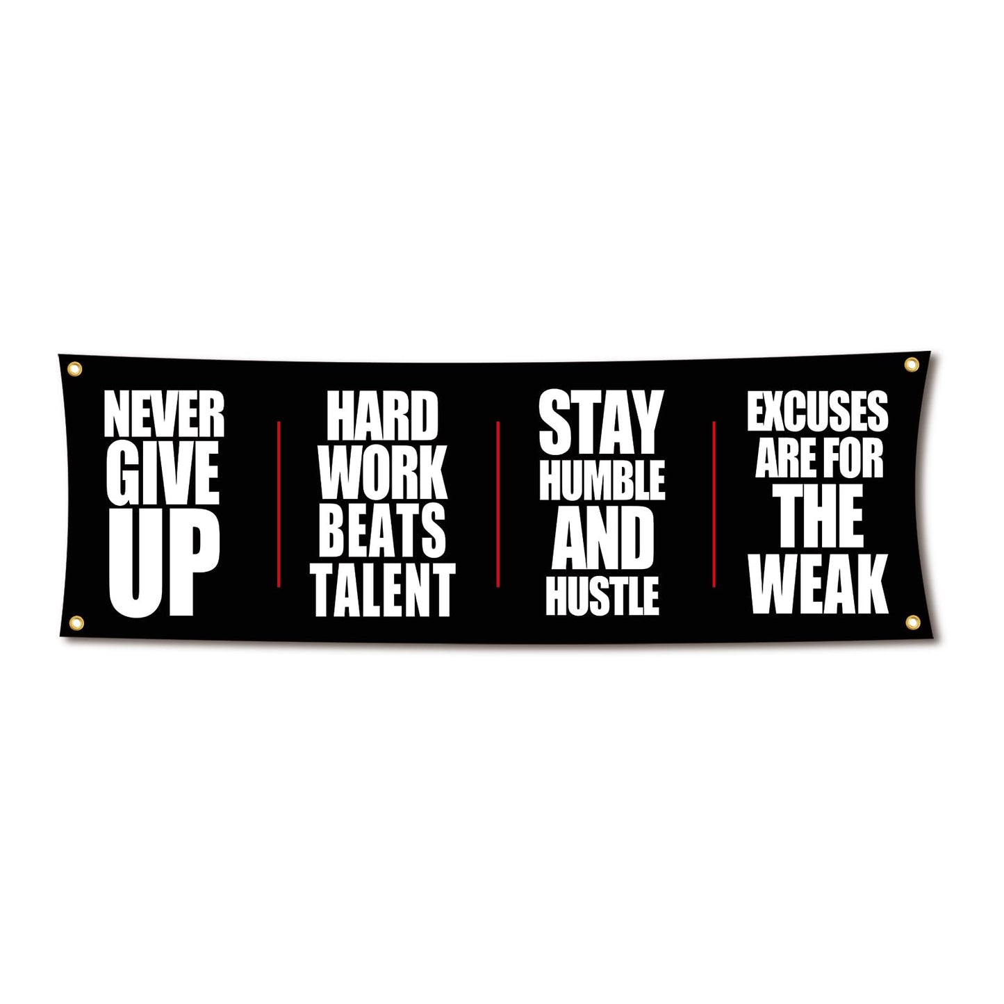 Motivational Gym Flag Banner - Never Give Up - 72x24 Inches Home & Garage Gym Wall Decor with 4 Brass Grommets for Easy Hanging