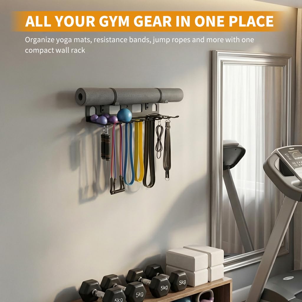 Wall Mounted Gym Equipment Storage for Resistance Bands, Yoga Mats, Jump Ropes & Weight Belts - Multi-Purpose Gym Equipment Storage Rack, Space-Saving Fitness Equipment Organizer