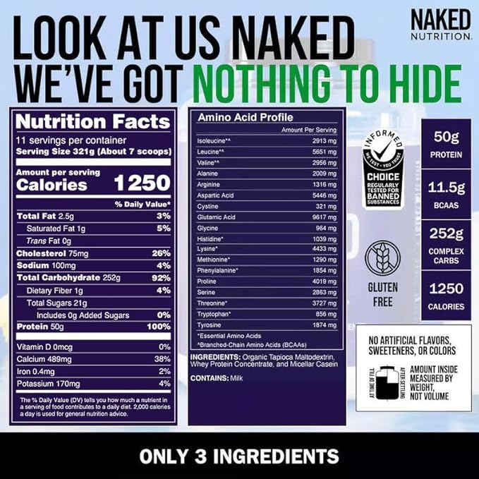 NAKED Mass - Natural Weight Gainer Protein Powder - 8 LB Bulk, GMO Free, Gluten Free & Soy Free. No Artificial Ingredients - 1,250 Calories per Serving