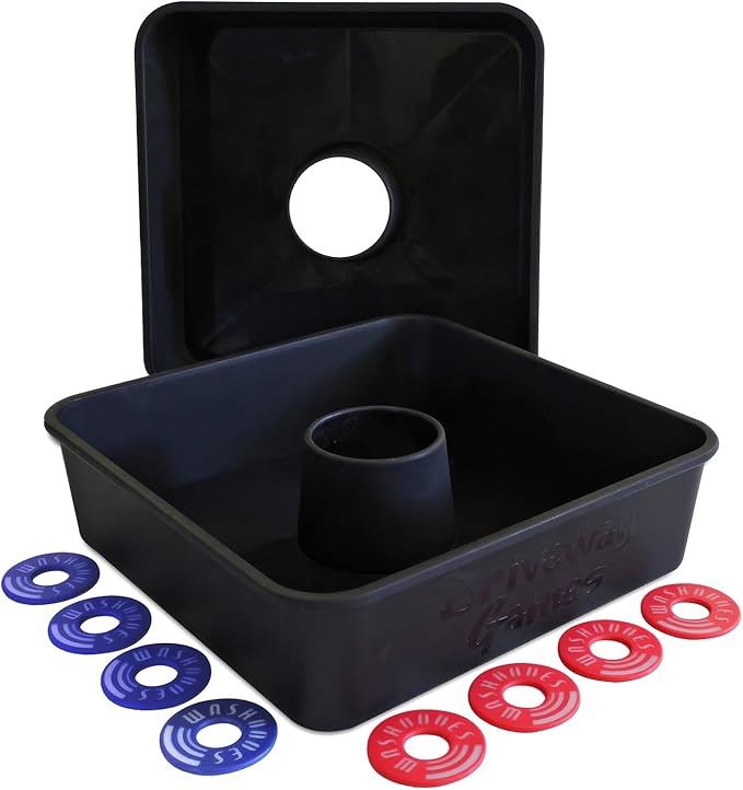 Driveway Games All Weather Washoos Washer Toss Game Set - Portable Outdoor Lawn Games for Adults and Kids, Summer, Camping, Tailgates & Beach – Includes 8 Pitching Rings & Toss Targets