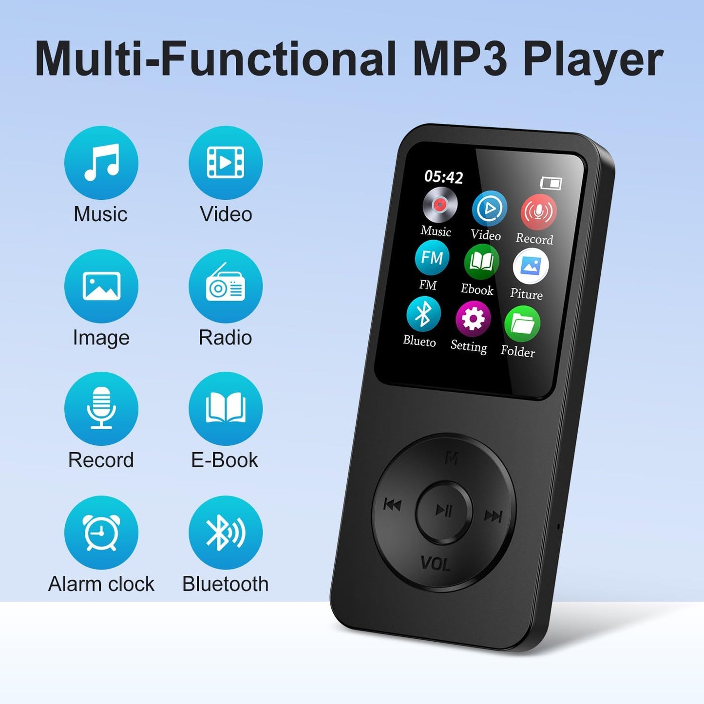 KeenPlus 64GB MP3 5.3, 1.8 inch 128GB(Black) Player with Bluetooth Screen Portable Music Player with Speaker, FM Radio